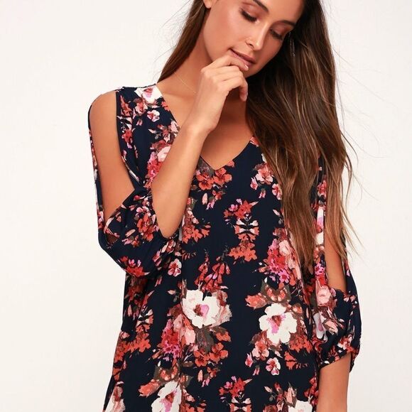 Lulu’s Shifting Dears Bold Navy Blue Cold Shoulder Floral Print Mini Dress Sz XS - Picture 2 of 8